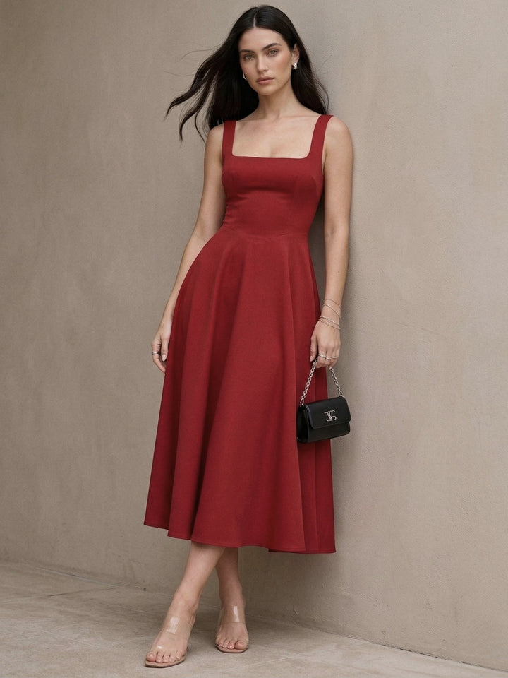 Red Square Neck Flared Dress