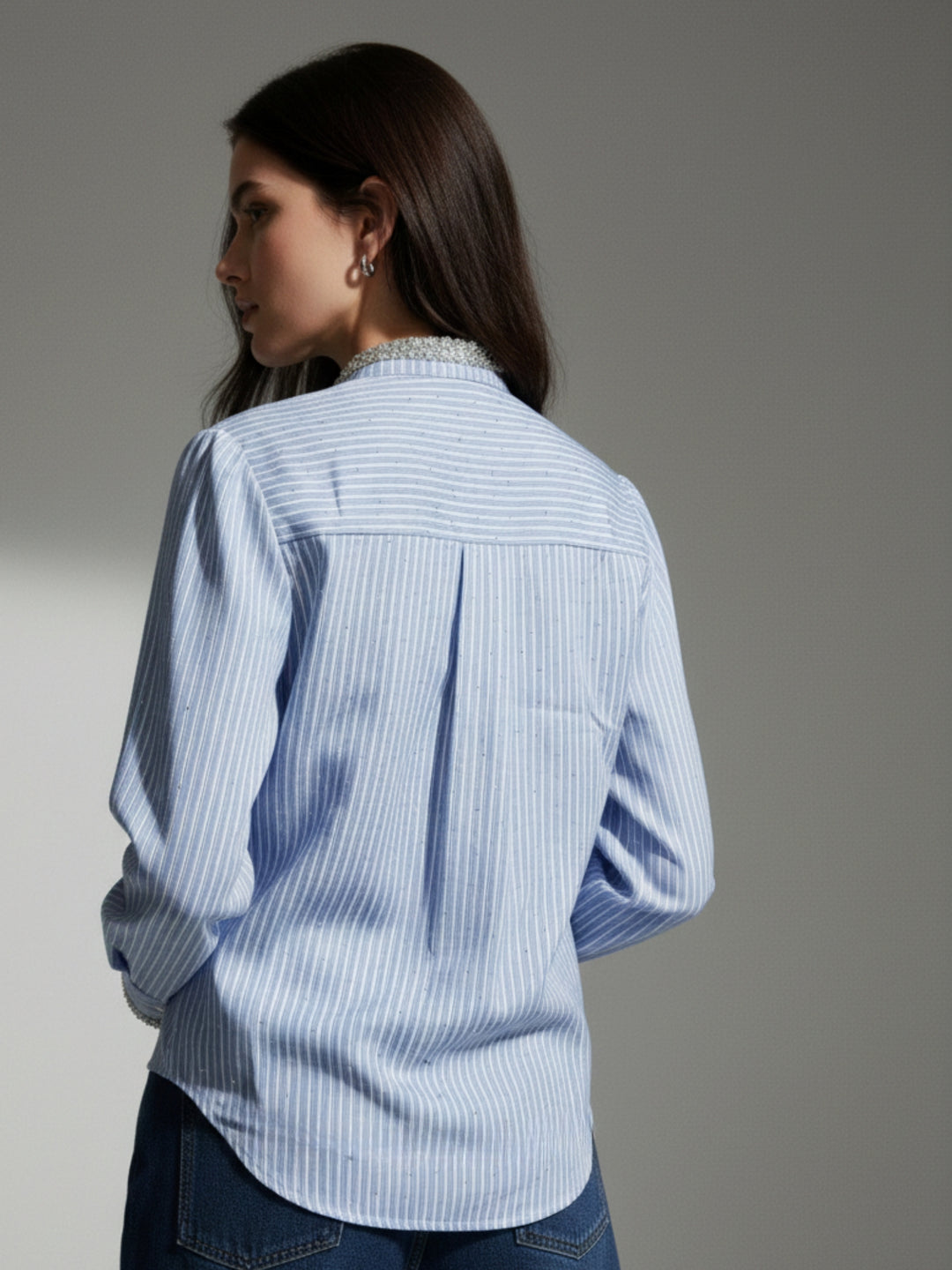 Blue Embellished Neckline Striped Shirt