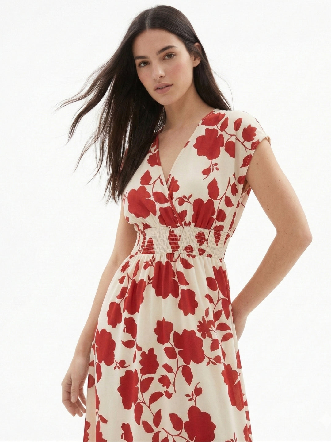 Cream Short Sleeve V Neck Floral Dress