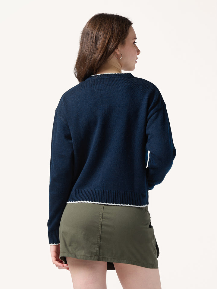Navy Blue Contrast Stitch Hem And Neck With Graphic Sweater