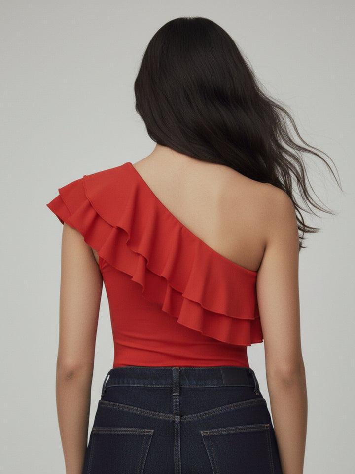 Red One Shoulder Ruffled Top