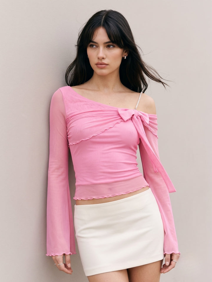 Pink Cold Shoudler Top With Studded Strap And Bow Detail