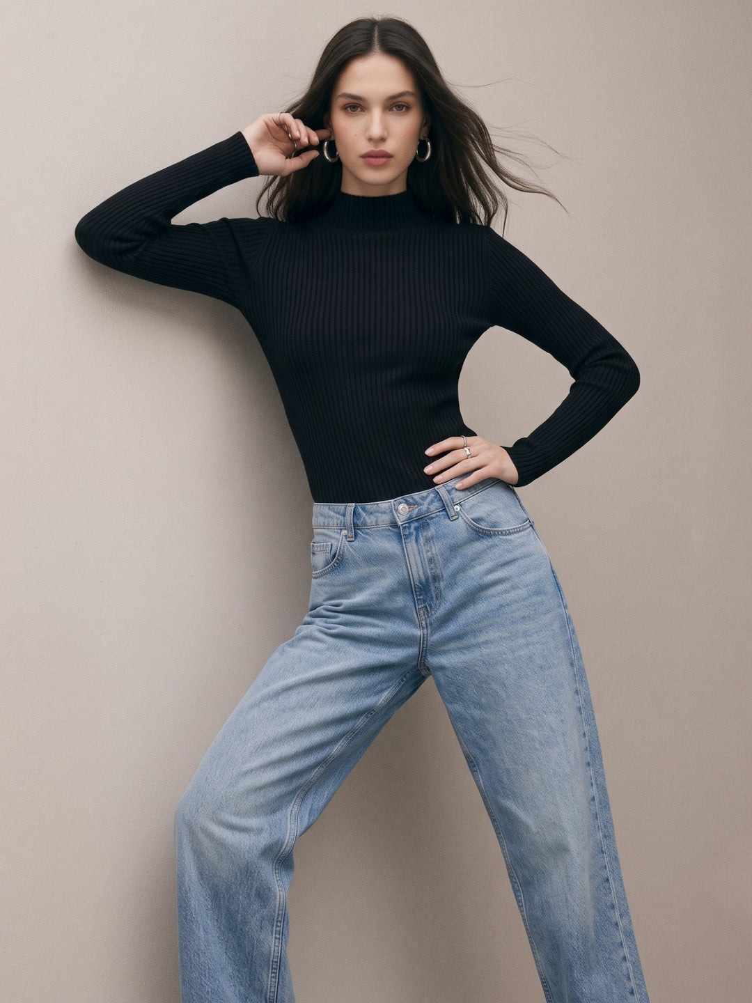 Black Textured High Neck Flat Knit Top