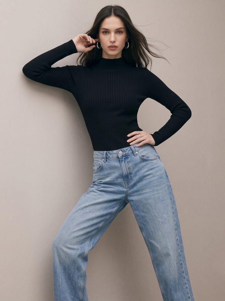 Black Textured High Neck Flat Knit Top