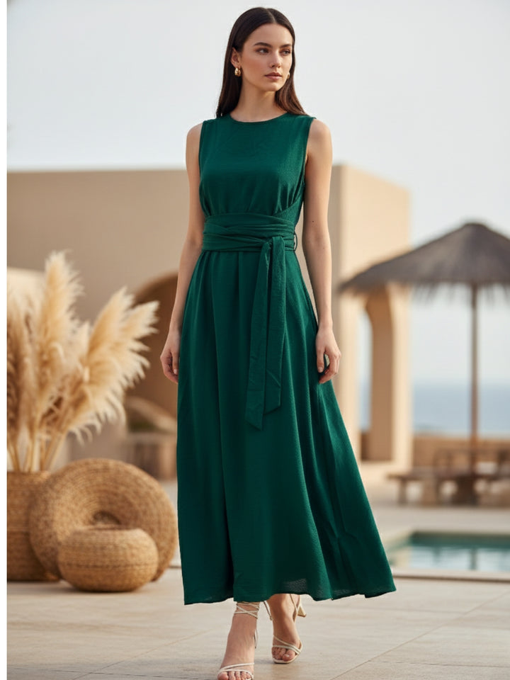 Green High Neck Twisted Tie Up At Waist Detail Dress