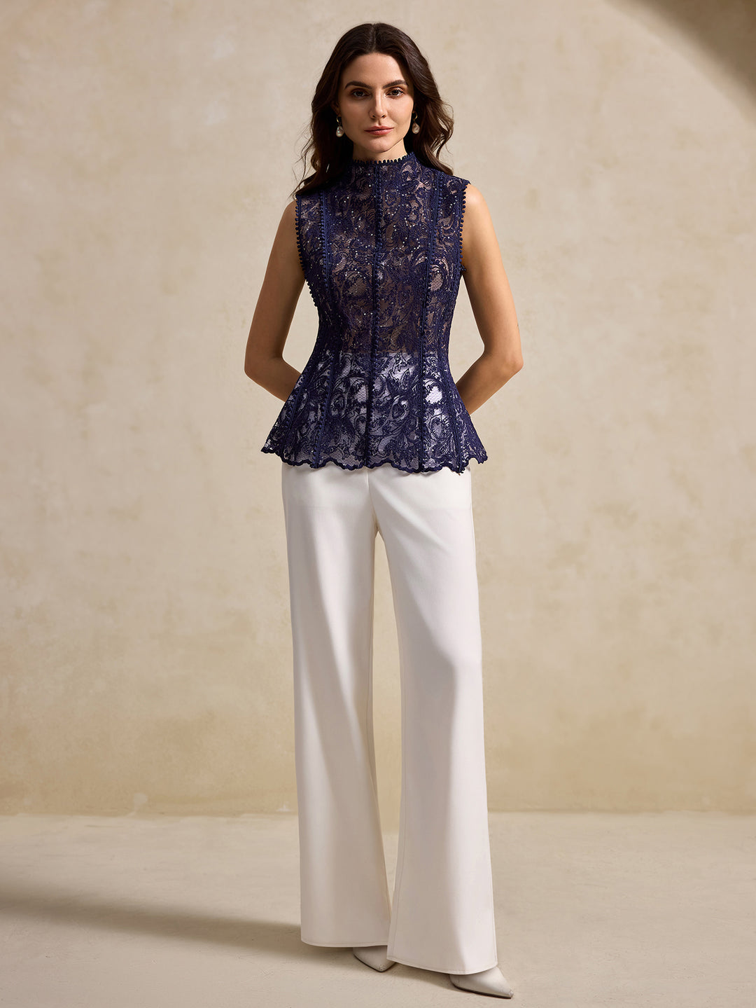 Navy Blue Lace Mock Neck Top