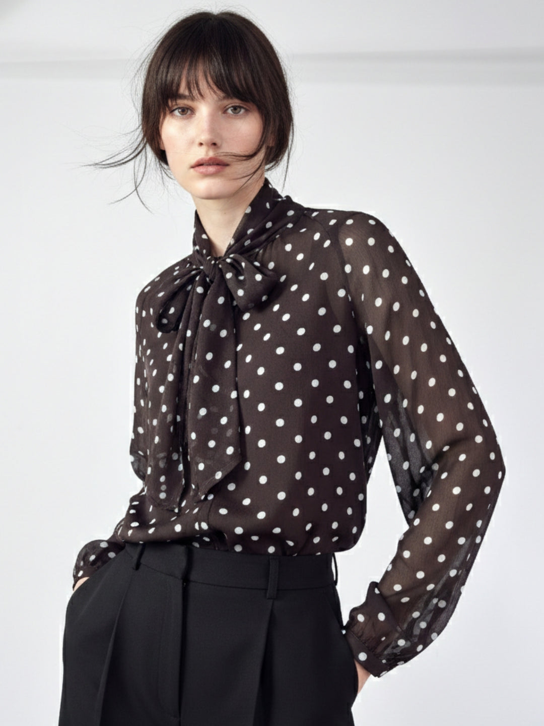 Brown Polka Dotted Neck Tie Up Top