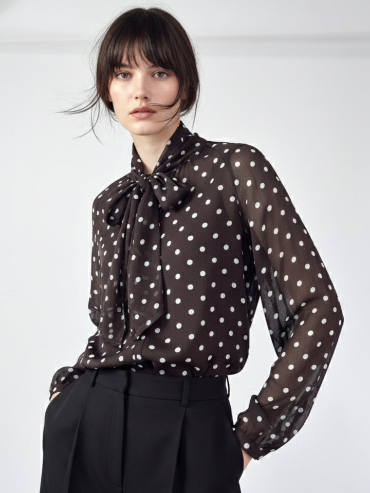 Brown Polka Dotted Neck Tie Up Top