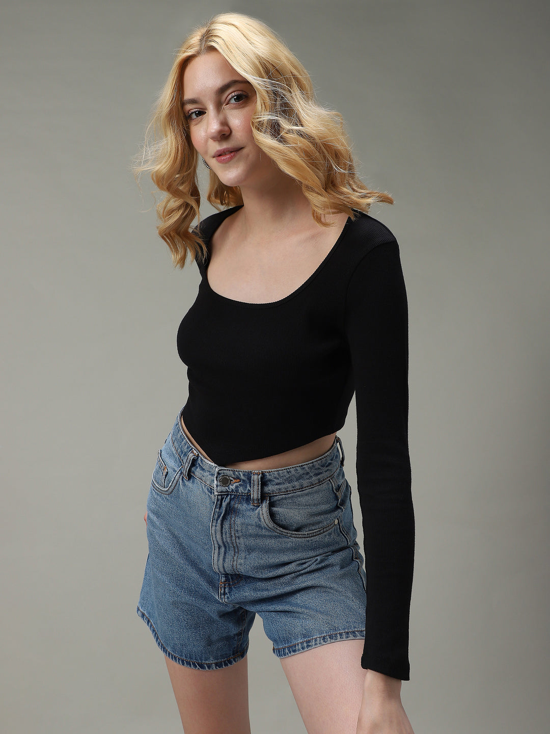 Black Assymetric Hem Scoop Neck Knit Top