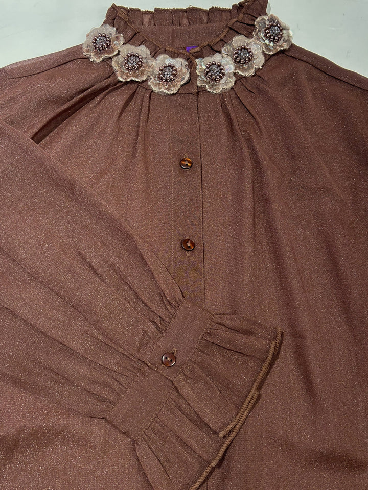 Brown Partywear Embellished Floral Applique Shirt