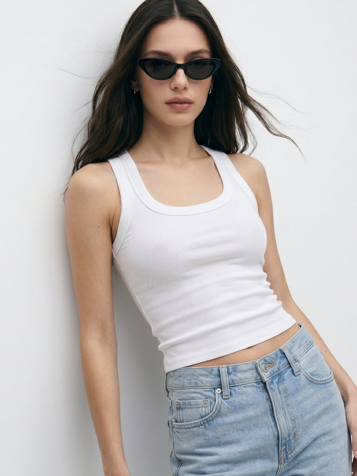 White Ribbed Sleeveless Tank Top