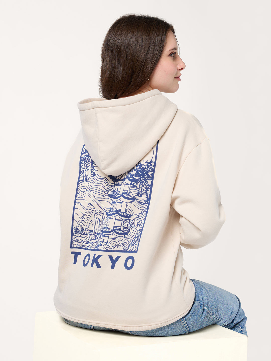 Cream Back Tokyo Graphic Russian Fleece Hooded Sweatshirt