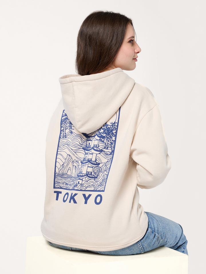 Cream Back Tokyo Graphic Russian Fleece Hooded Sweatshirt