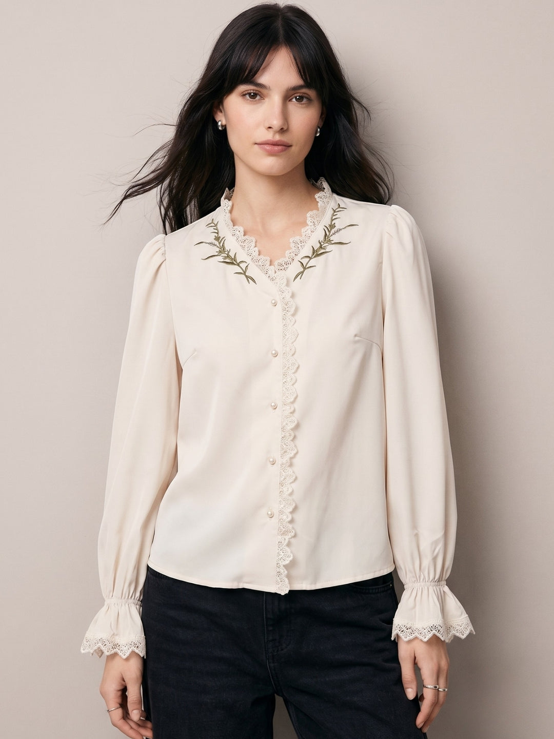 Off White Button Down Blouson Top With Lace Inserst