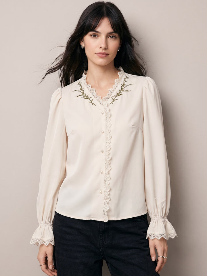 Off White Button Down Blouson Top With Lace Inserst