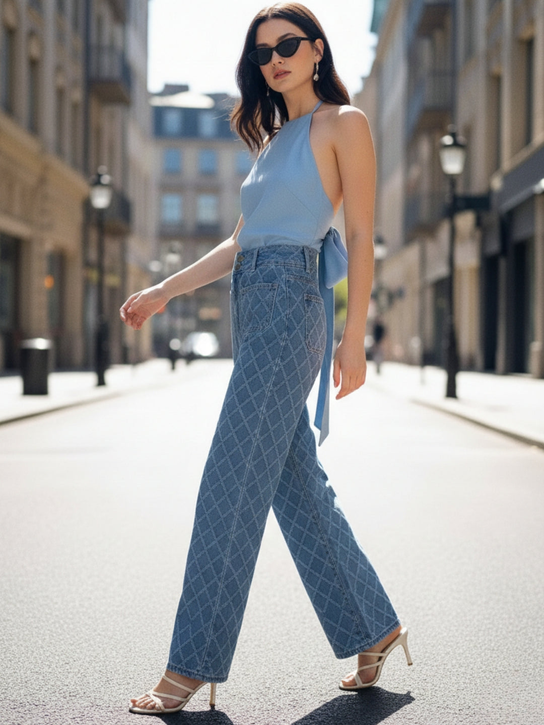 Blue High Waist Textured Jeans