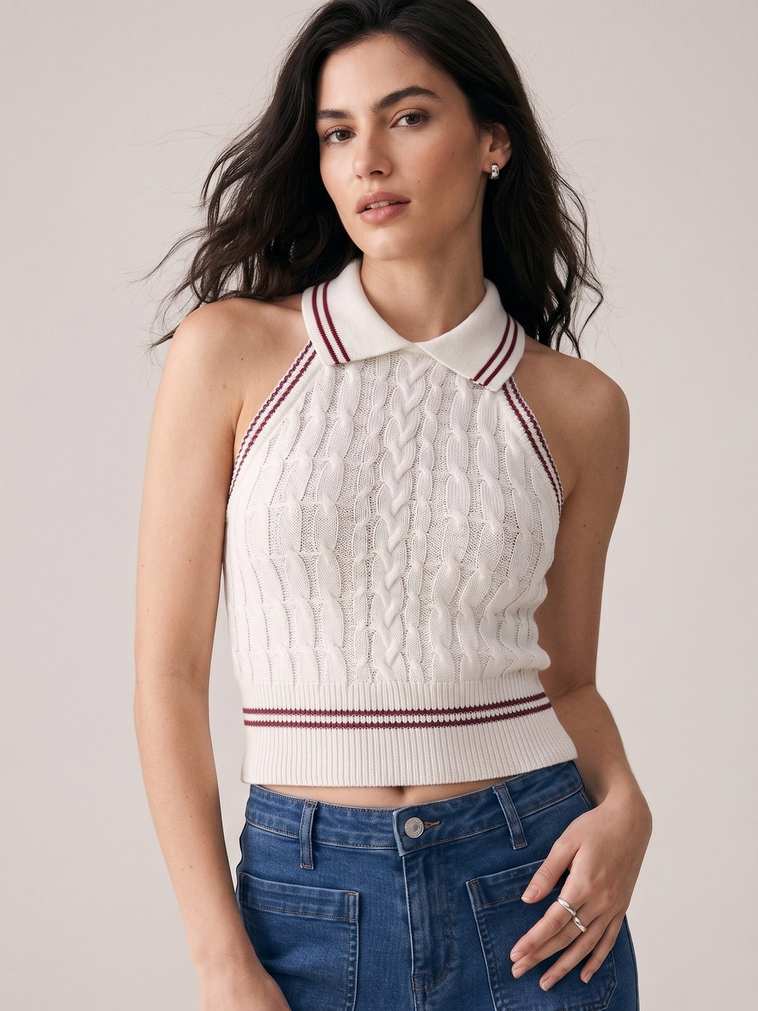 White Collared Contrast Tipping Cable Knit Tank