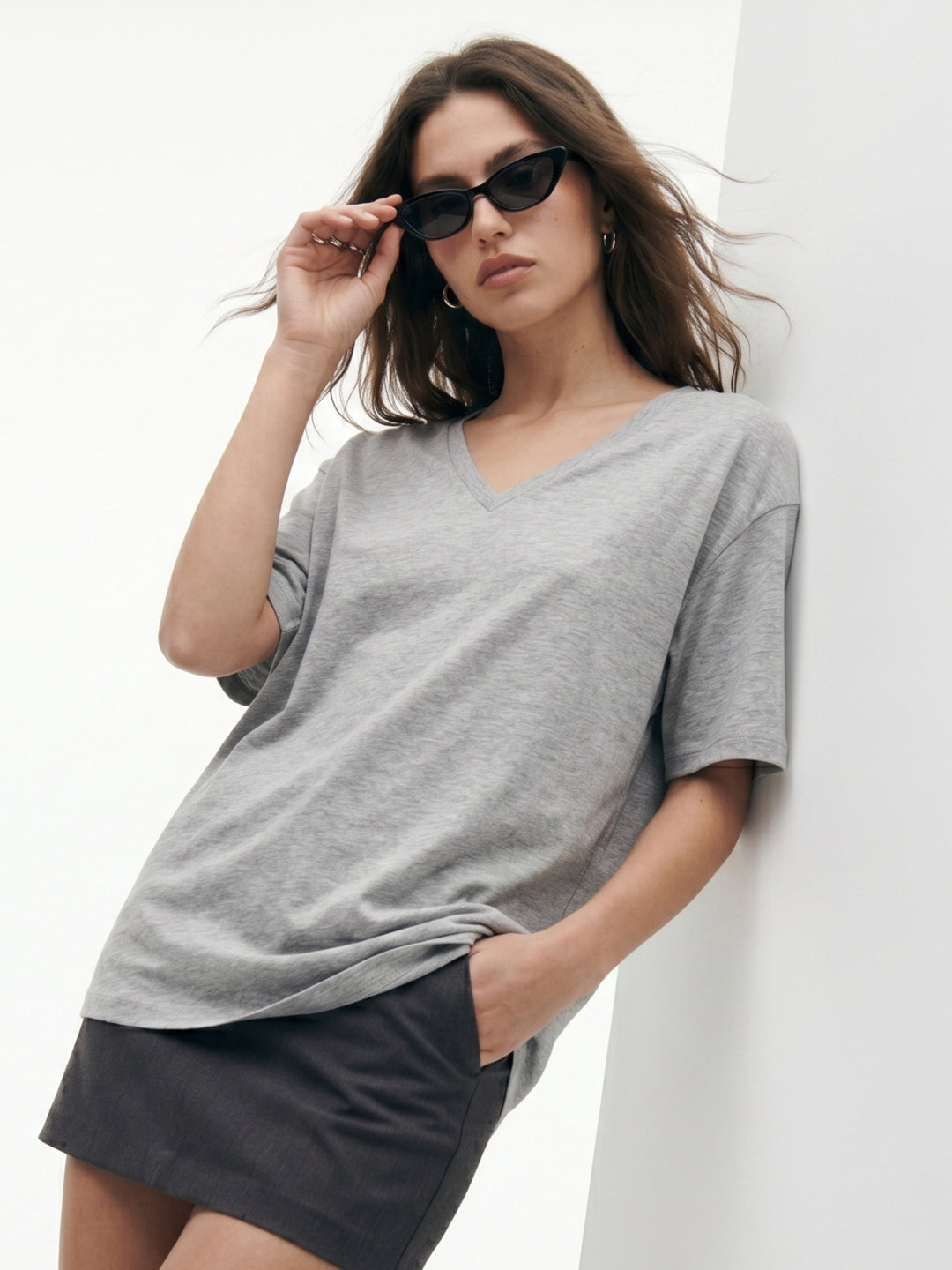 Grey V Neck Oversize Tshirt