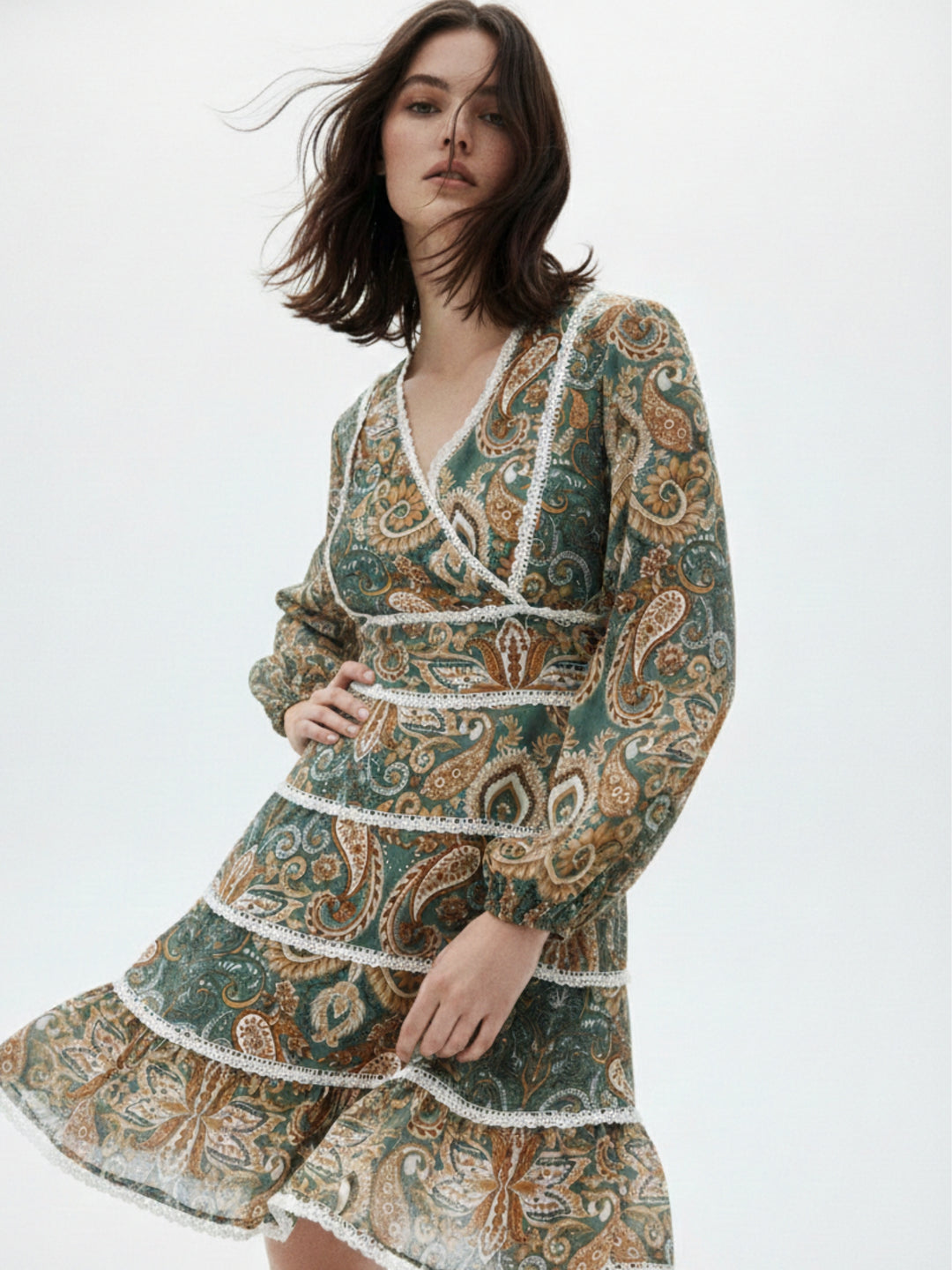 Green Printed Rayon Crinkled Blouse with lace detail