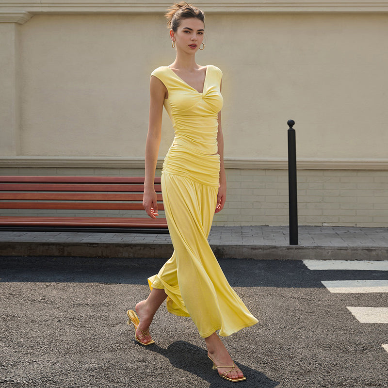 Yellow Short Sleeve V Neck Top And Skirt Set
