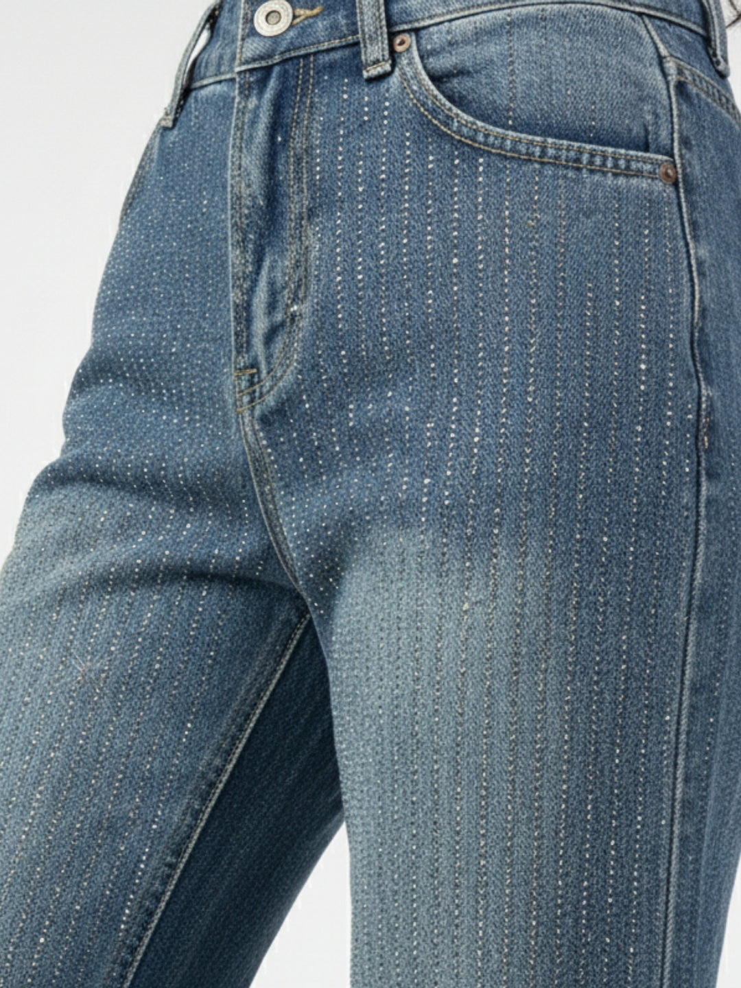 Blue High Waist Wide Leg Studded Jeans