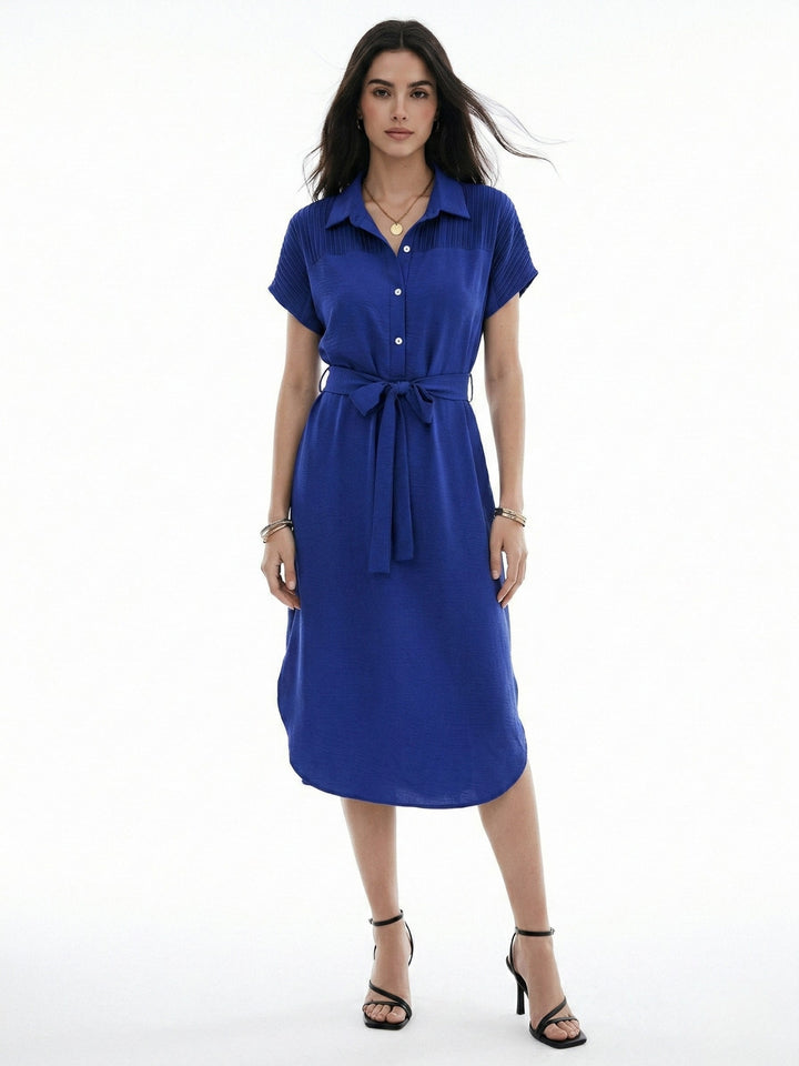 Blue Shirt Dress With Waist Tie Up Detail