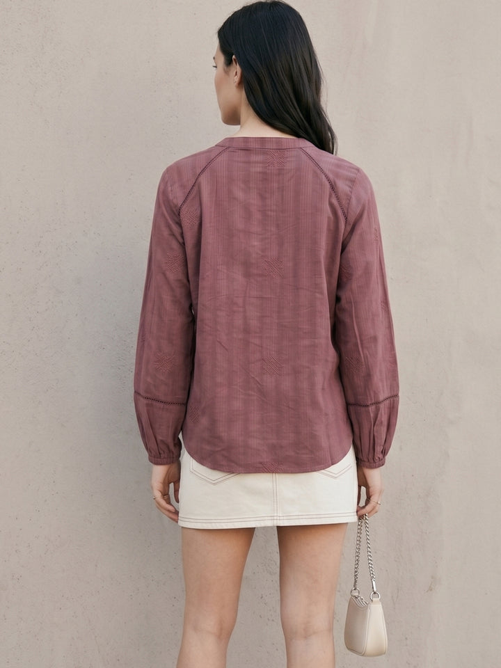 Purple Relaxed Fit Long Sleeves Embroidered Shirt