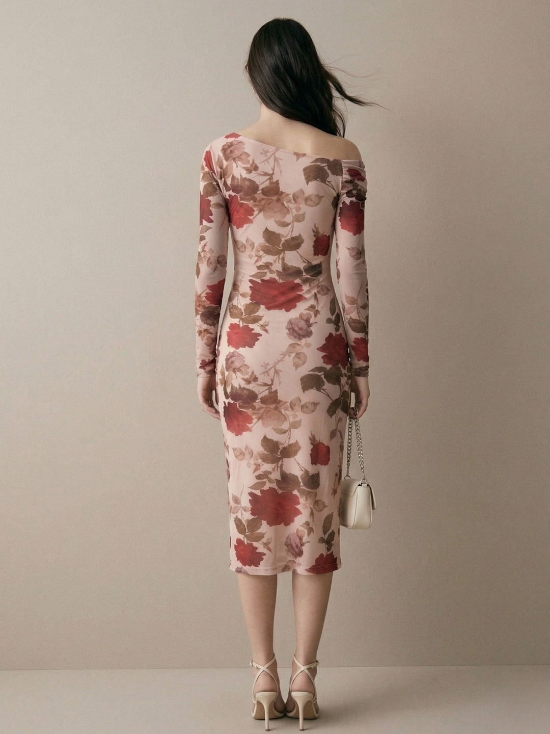 Beige Mesh Printed Off-Shoulder Midi Dress