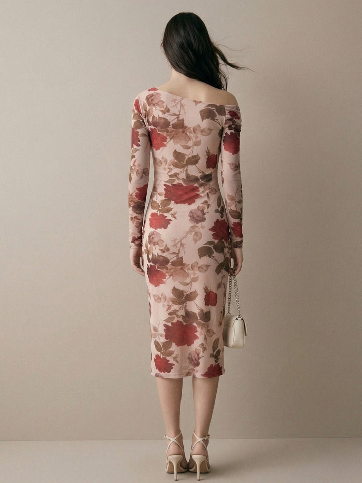 Beige Mesh Printed Off-Shoulder Midi Dress
