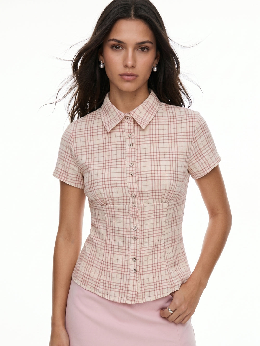 Pink Short Sleeve Collared Front Buttoned Shirt