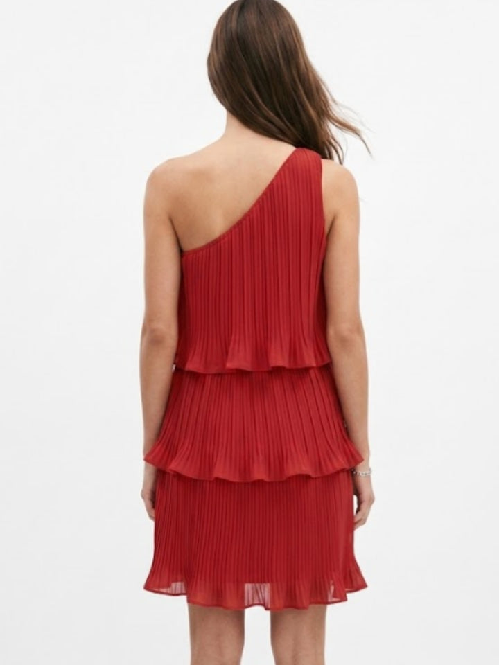 Red One Shoulder Three Tiered Pleated Dress