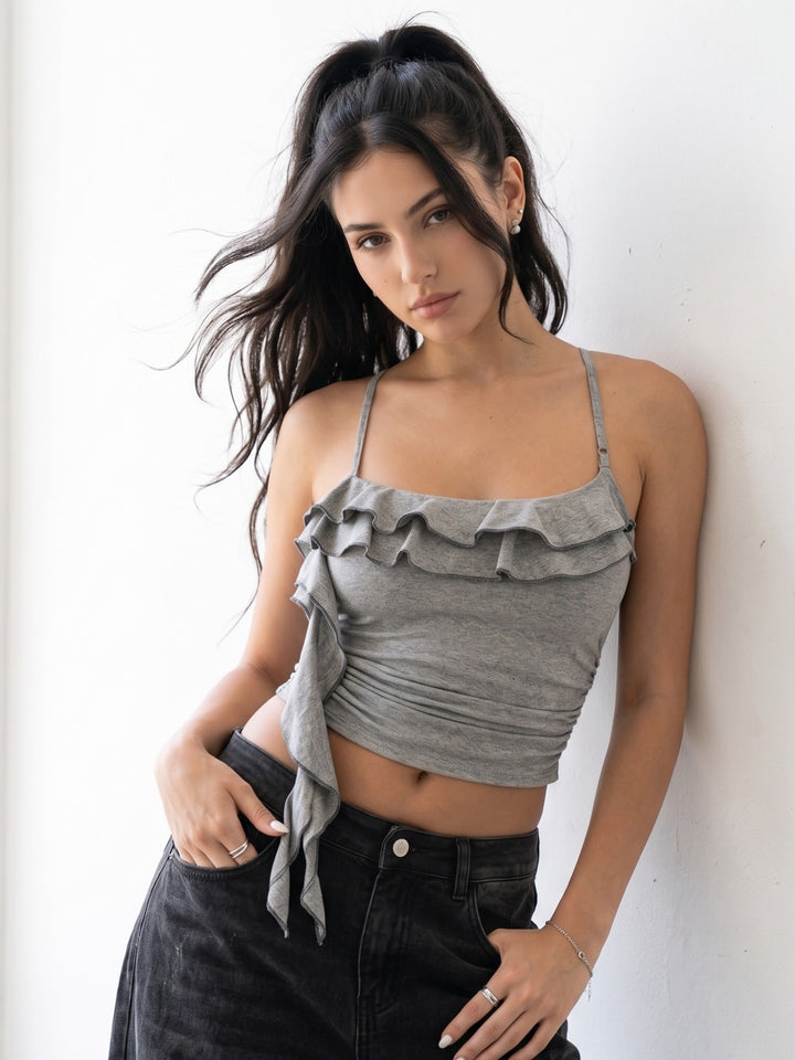 Grey Ruffle Detail Fitted Top
