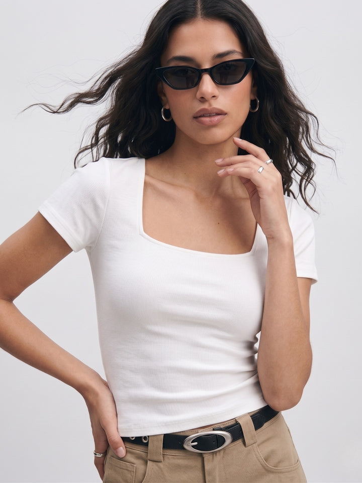 White Square Neck Fitted Top