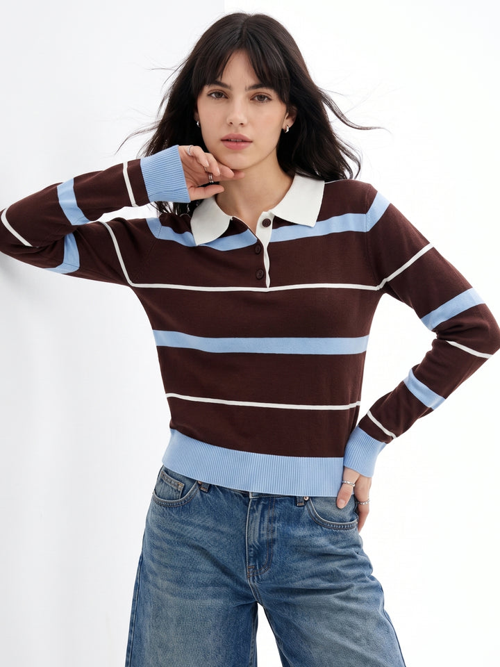 Brown Striped Polo Sweater