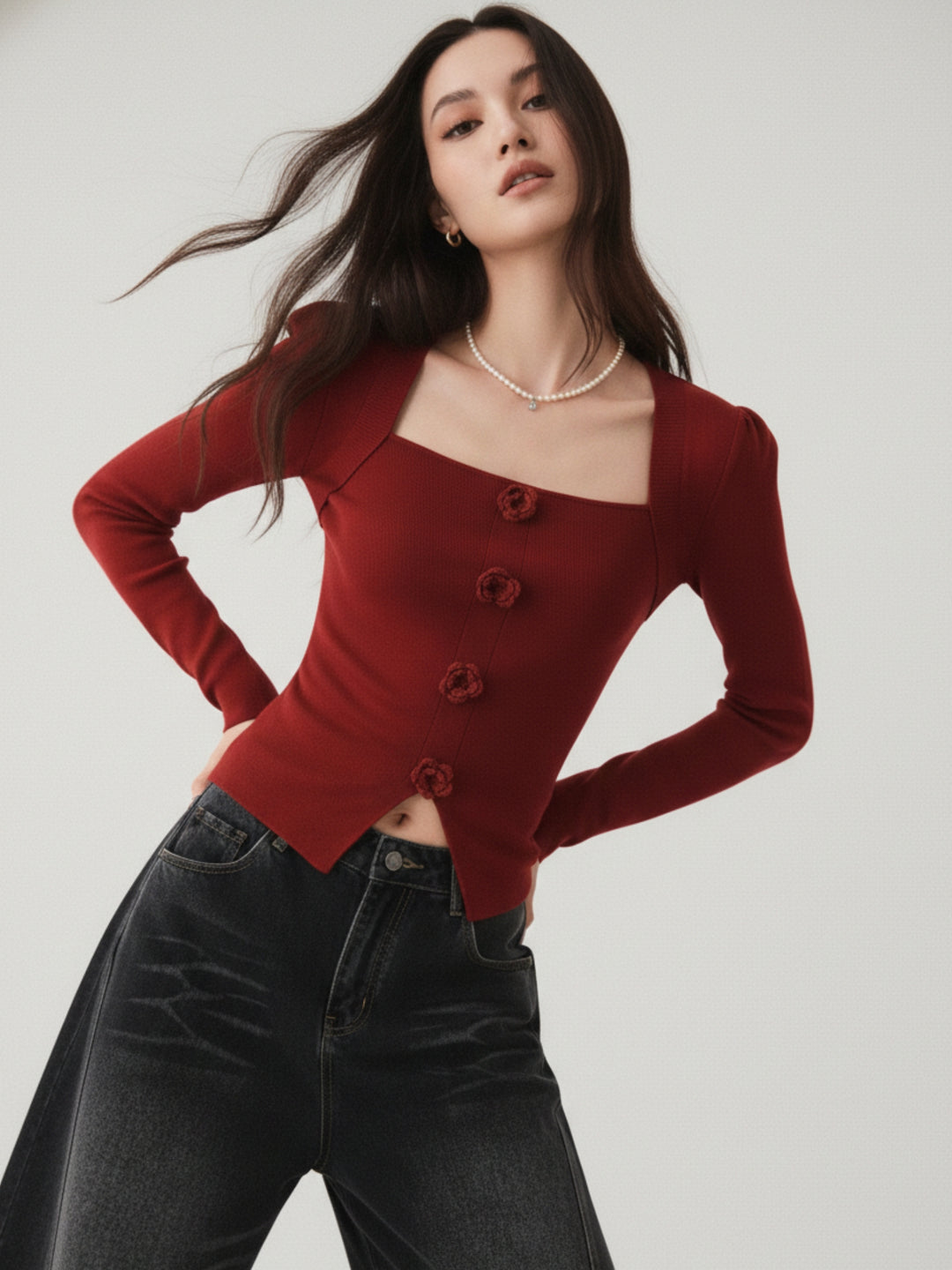 Maroon Full Sleeve Square Neck Flower Trim Top