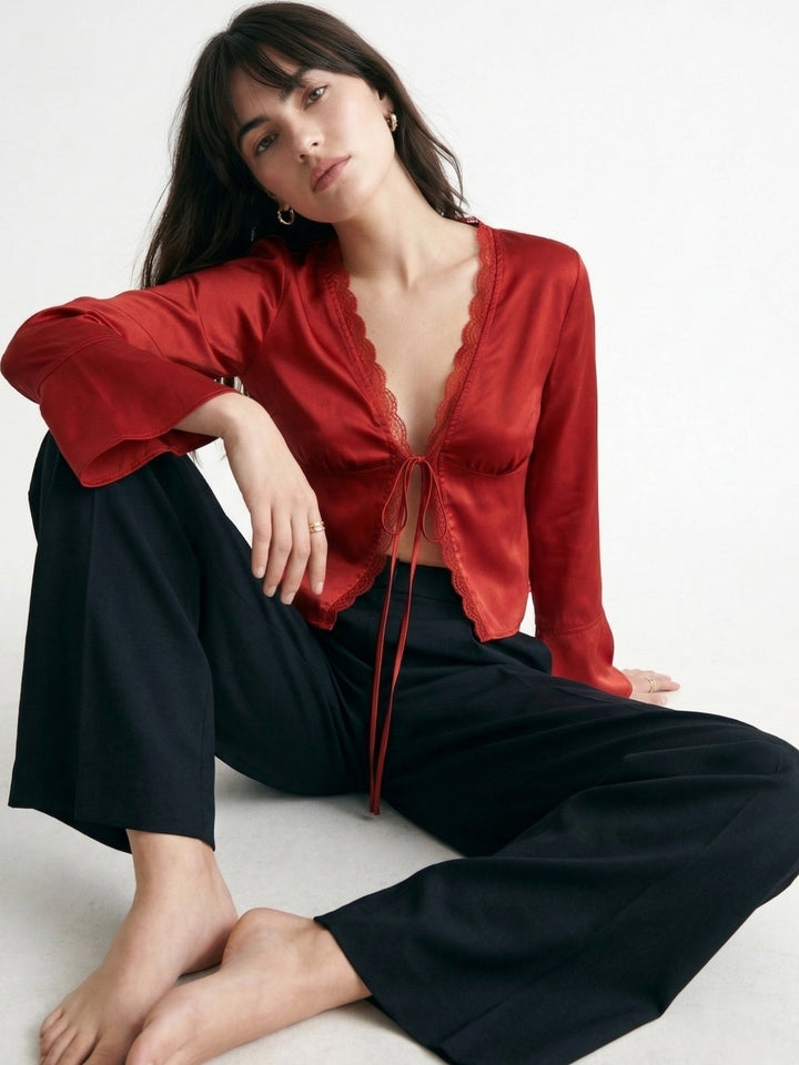 Red Bell Sleeves Front Tie-Up Lace Top