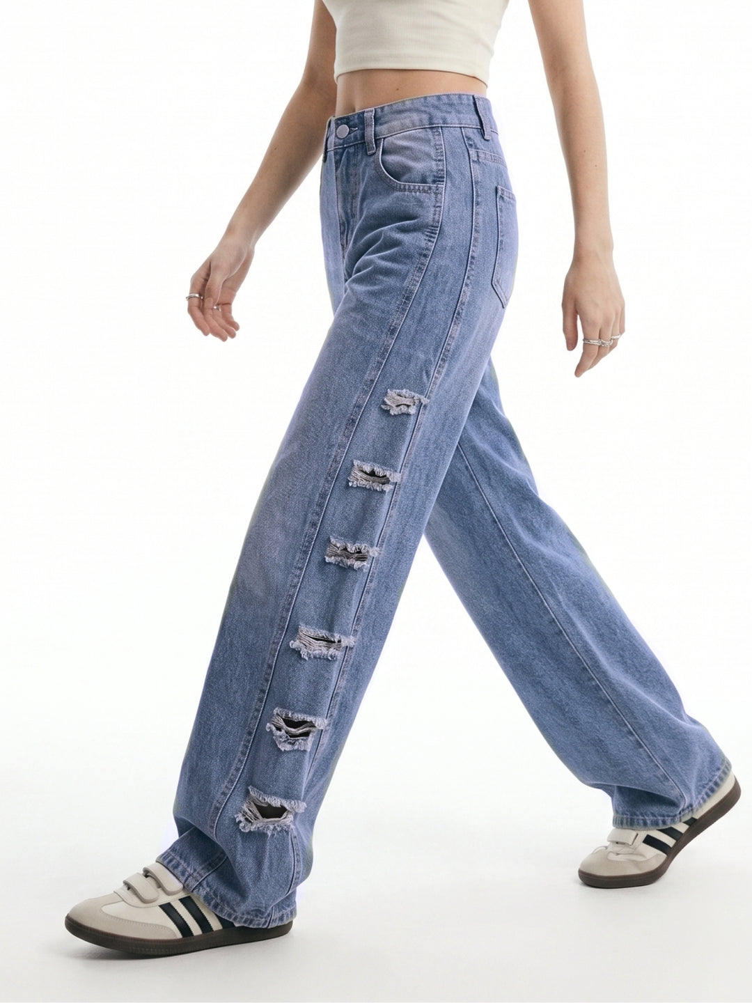 Blue Side Panel Distressed Baggy Fit Denim