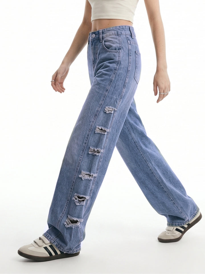 Blue Side Panel Distressed Baggy Fit Denim