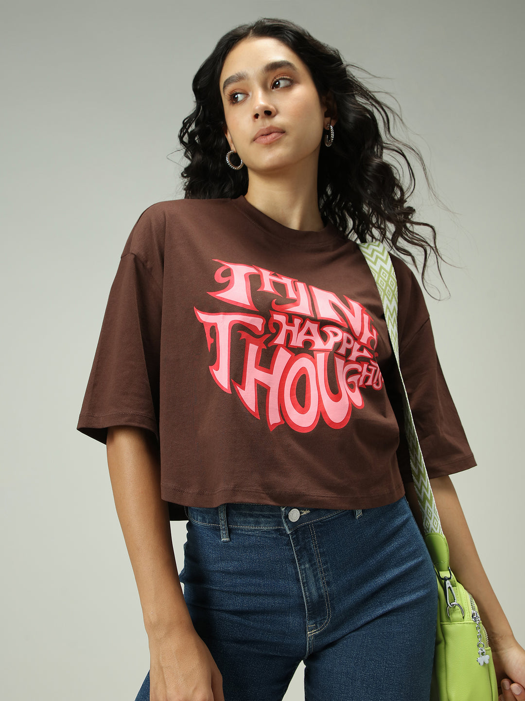 Brown Graphic Cropped Boxy T-Shirt
