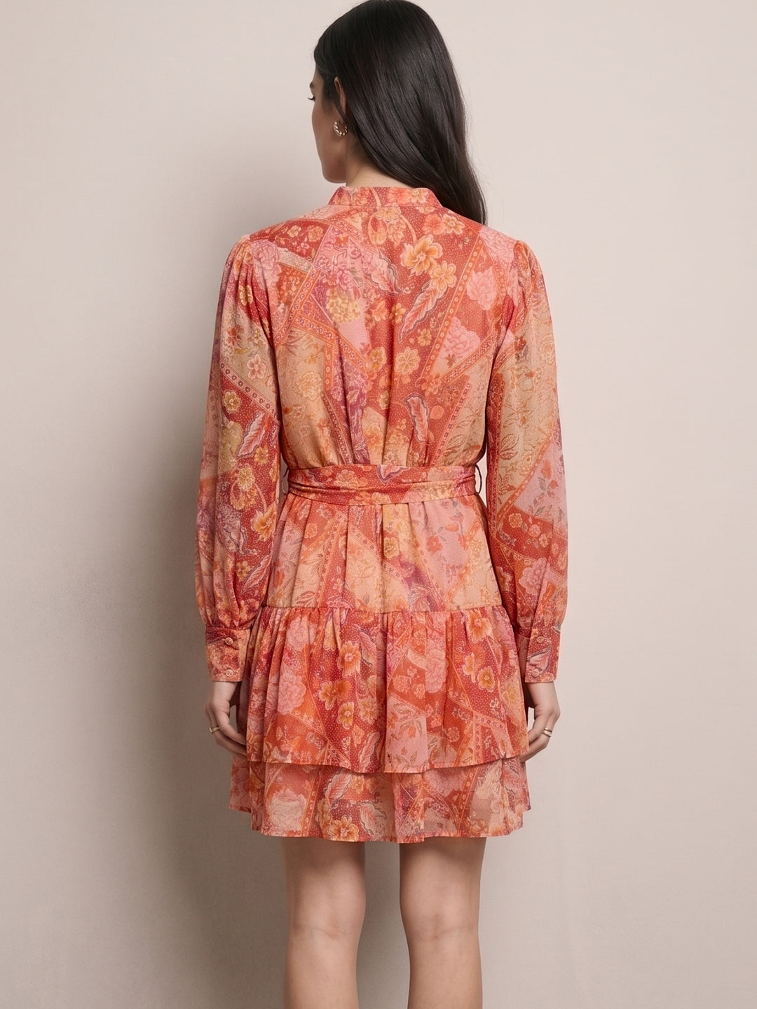 Orange Mini Length Tier Dress With Band Collar And Half Placket