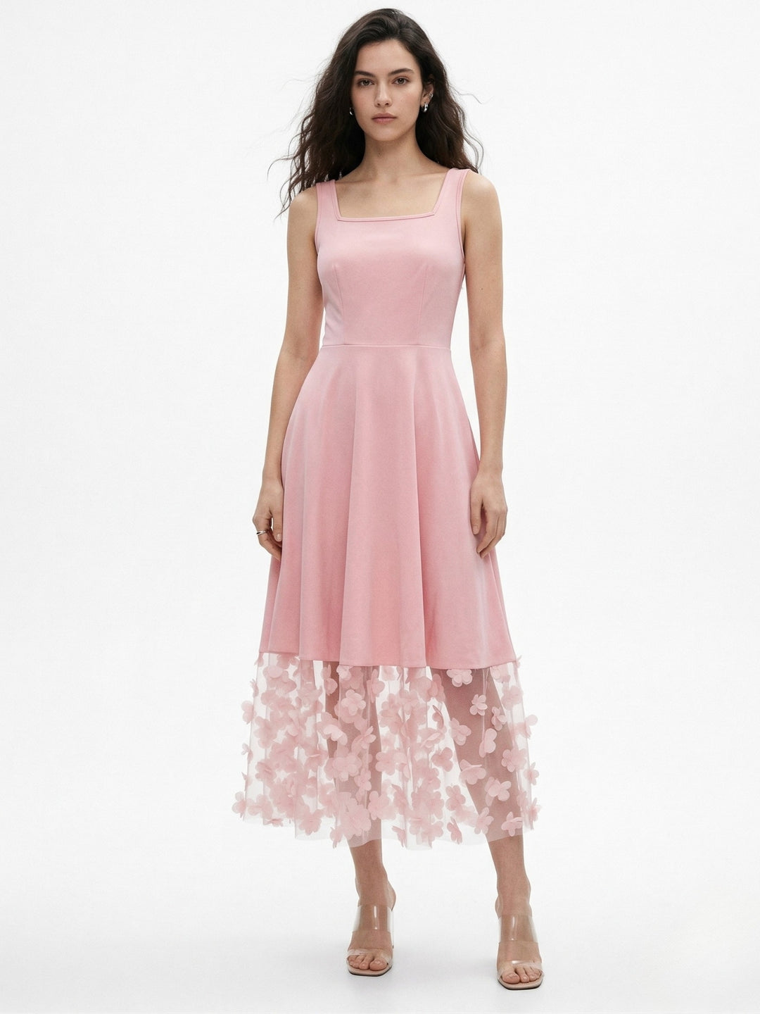 Pink Square Neck Dress With Lace Hem