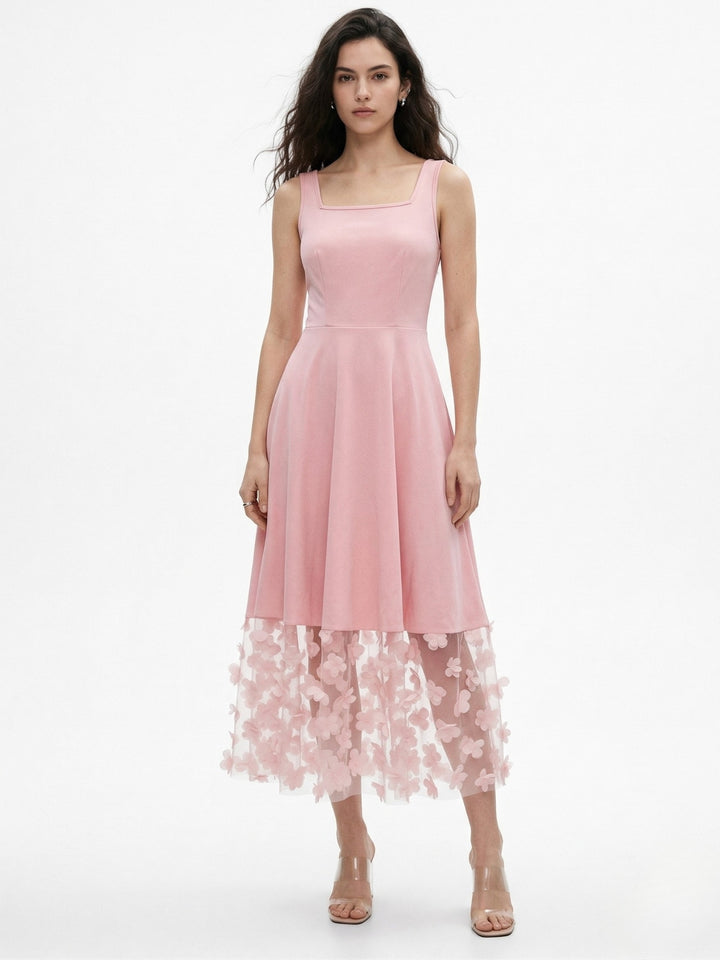 Pink Square Neck Dress With Lace Hem