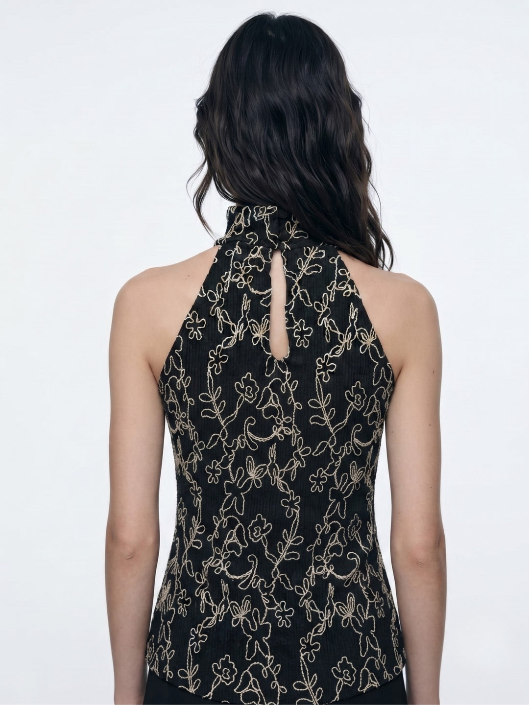 Black Halter Neck Floral Embroidered Black Top
