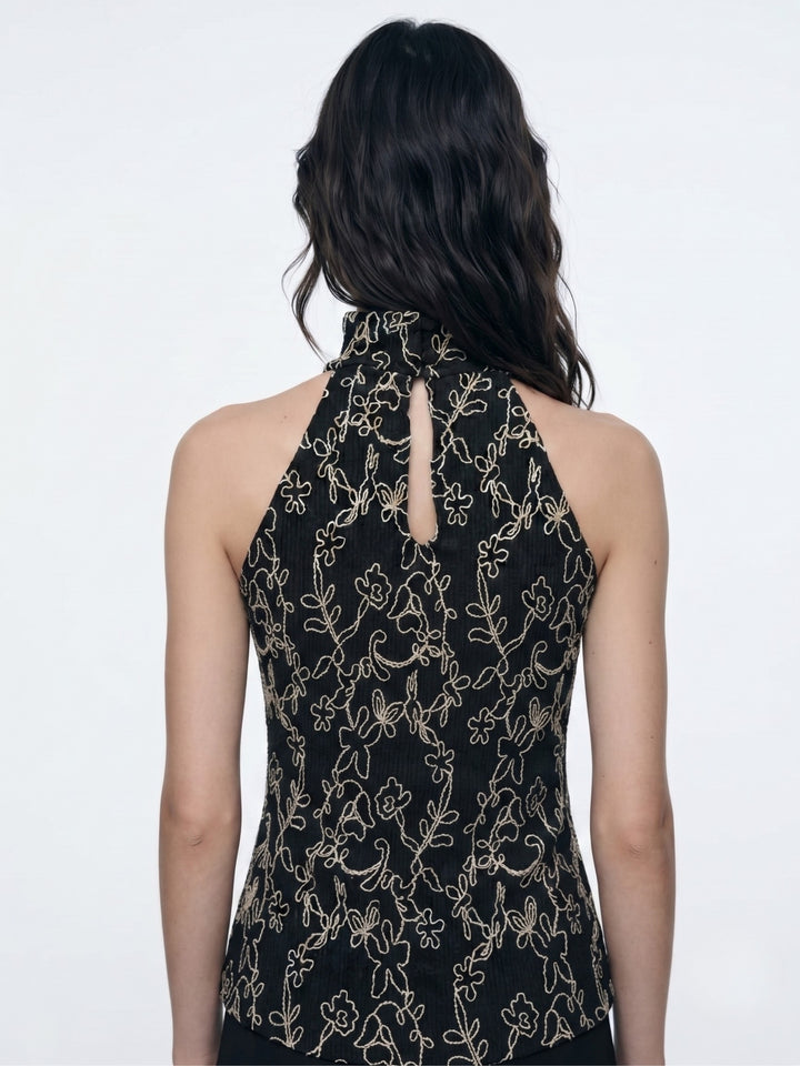 Black Halter Neck Floral Embroidered Black Top