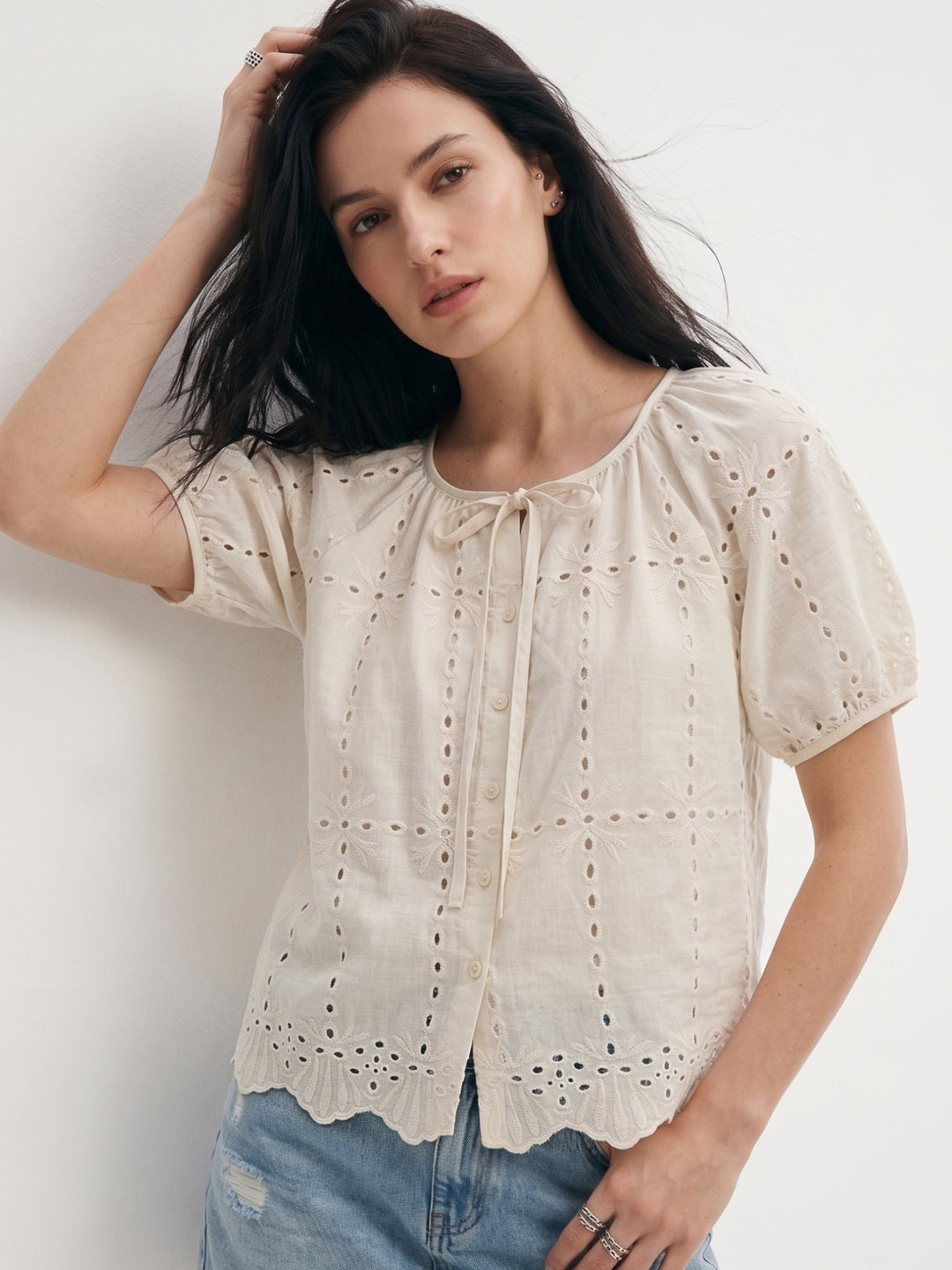 Off White Scallop Hem Front Tie-Up Schiffli Top