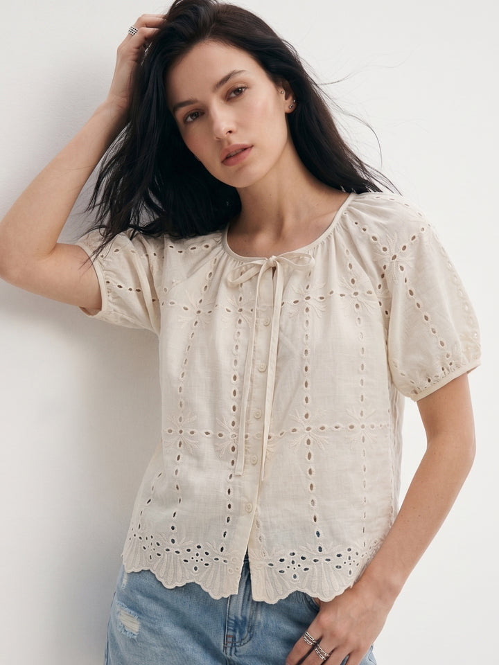 Off White Scallop Hem Front Tie-Up Schiffli Top