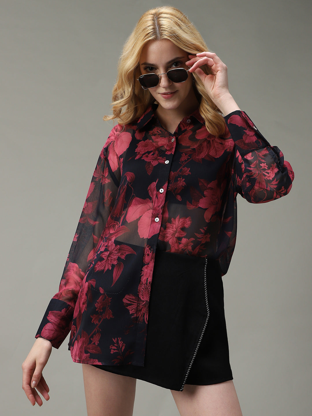 Black Floral Printed Longline Shirt