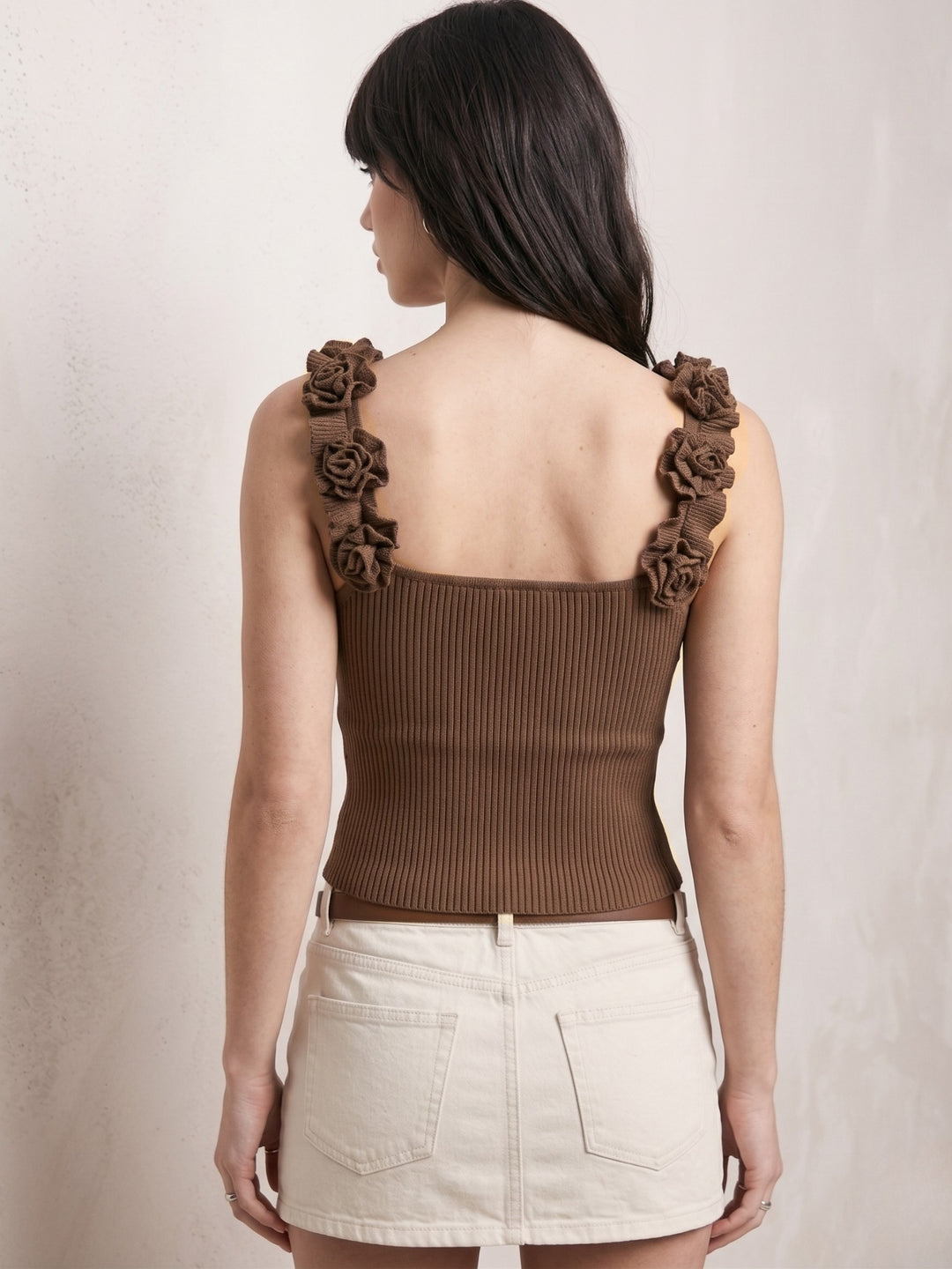 Brown Square Neck Ribbed Top With Floral Straps