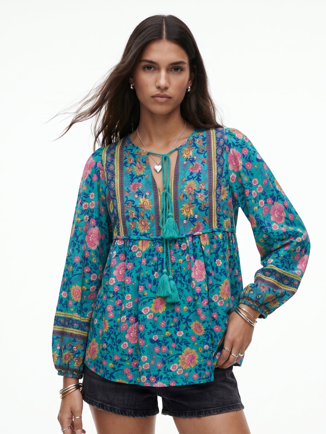Light Blue Printed Tie Up Closure Blouse
