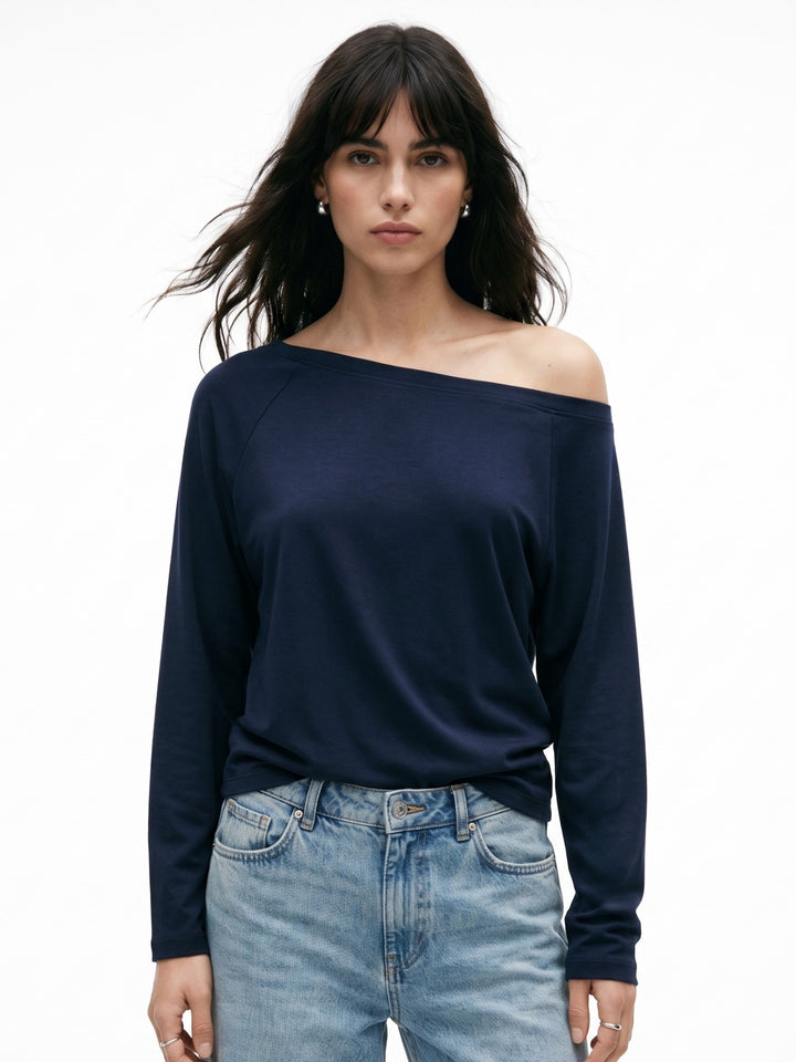 Navy Blue Broad Shoulder Full Sleeves Top